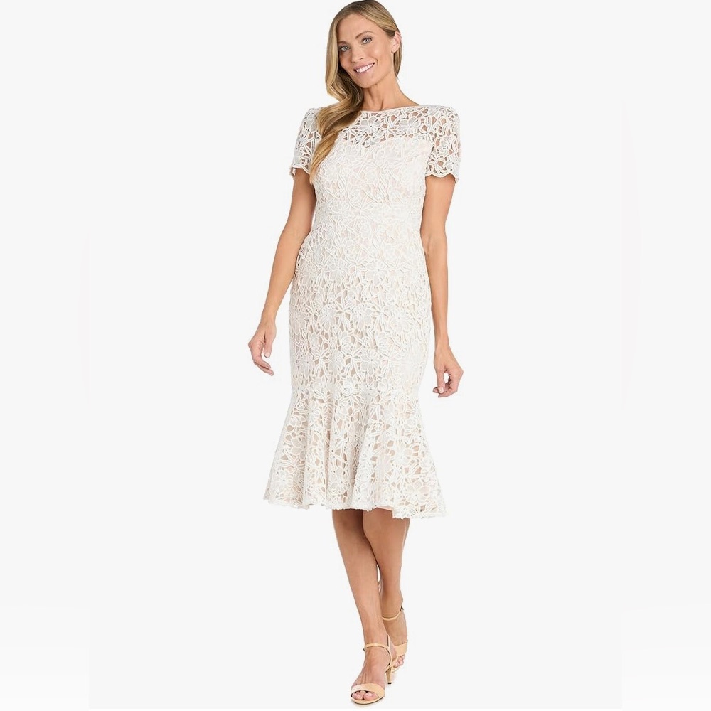 R&M Richards Elegant Tea-Length Crochet Dress W/Flounce Hem & Illusion Neckline
